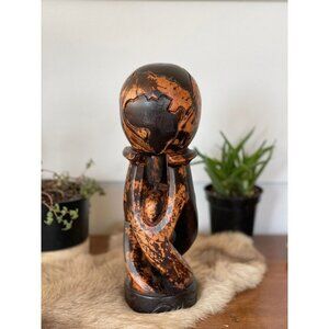 Carved Wood‎ sculpture figures Earth 11” shelf home decor trio uplifting natural